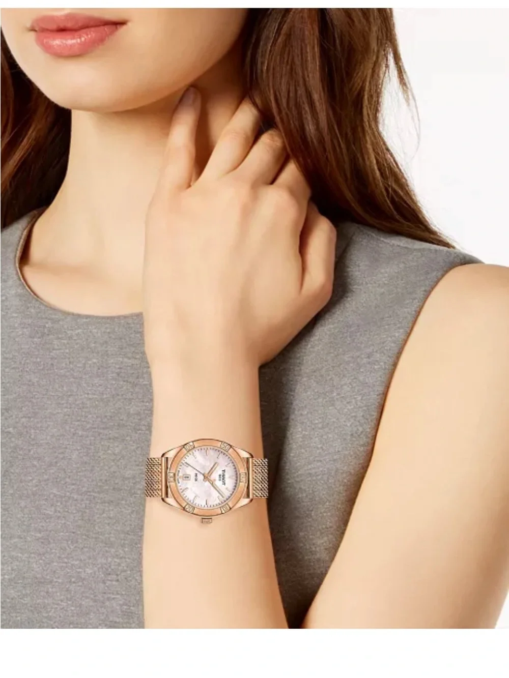 Tissot PR100 sport chic Rose Gold Mesh Watch with Pink Mother-of-Pearl Dial